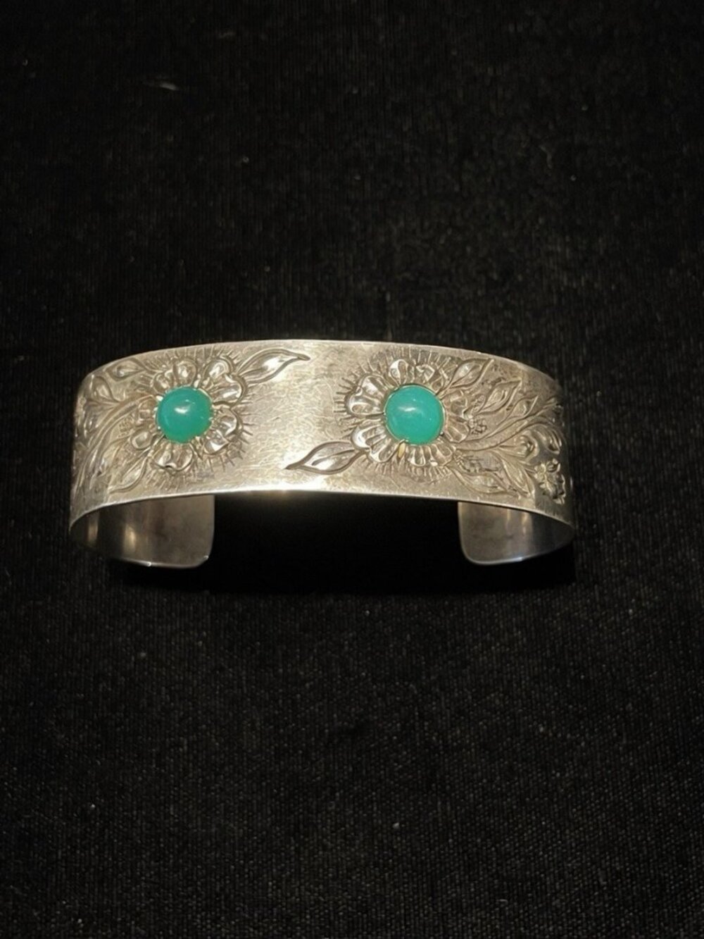 Antique Art Deco Sterling Silver Floral Bangle W Chrysoprase 6” 24 grams of .925